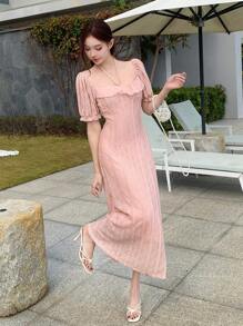 DAZY Váy midi họa tiết ren Jacquard cổ vuông viền xếp nếp chắp vá cho mùa cưới dành cho nữ Đầm suông - Hồng - Xem 7