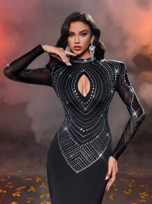 Glamrae Simple And Elegant Black Gorgeous Rhinestone Chest Hollow Wide Strap Long Sleeve Sexy Mermaid Ladies Formal Dinner Dress, Prom Evening Gown, For Wedding Guest, Graduation