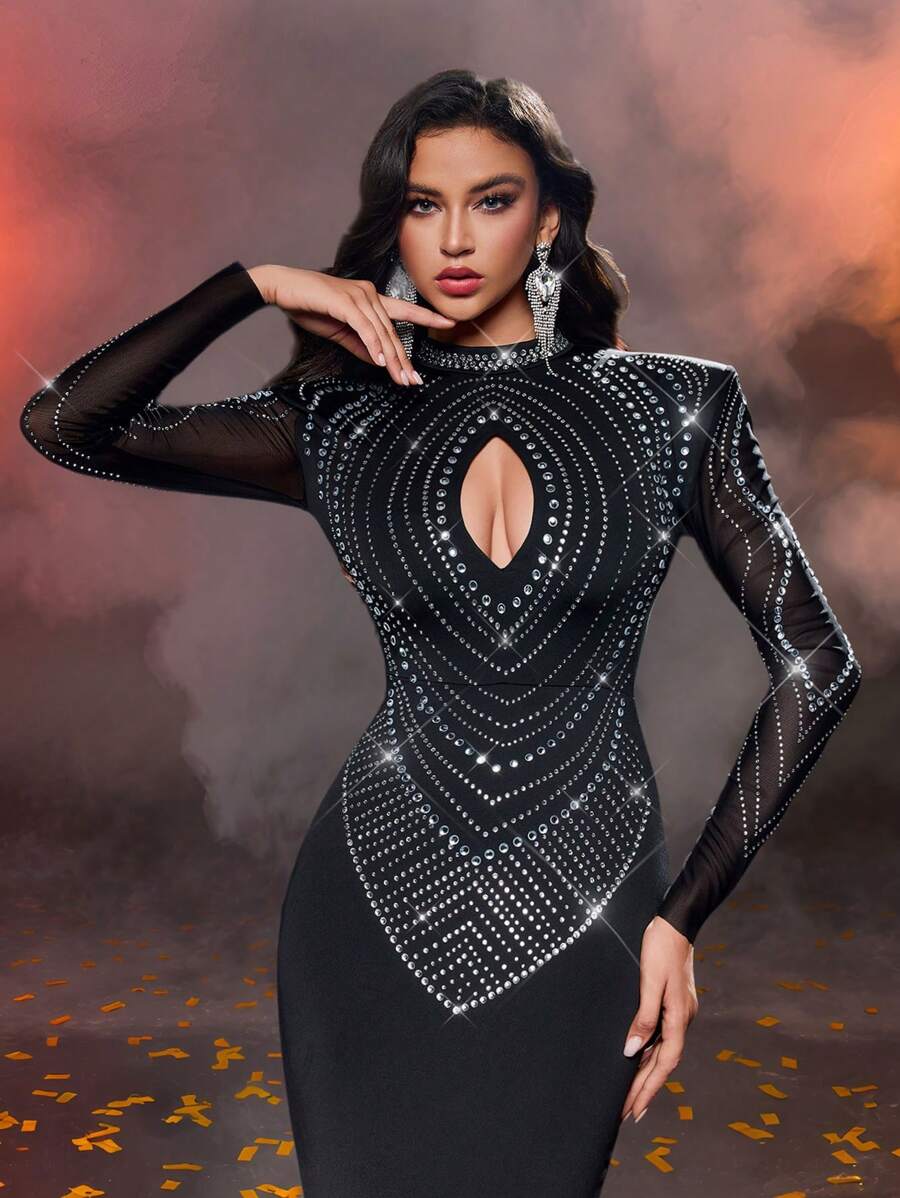 Glamrae Simple And Elegant Black Gorgeous Rhinestone Chest Hollow Wide Strap Long Sleeve Sexy Mermaid Ladies Formal Dinner Dress, Prom Evening Gown, For Wedding Guest, Graduation