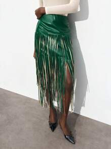 Maija 女士绿色 PU 纯色流苏边百搭现代派对高腰多层流苏裙，适合所有季节