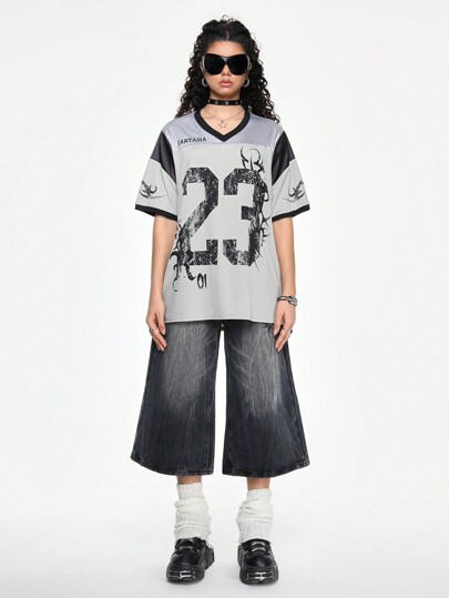 Grunge Punk Women's Y2K Streetwear Digital & Soccer Print T-Shirt
