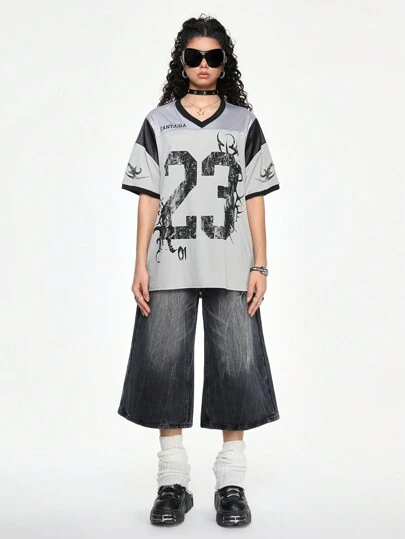 ROMWE Grunge Punk 女士 Y2K 街头服饰数字和足球印花 T 恤