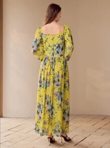 MOTF PREMIUM 花卉印花褶饰连衣裙 - 黃色 - 查看 9