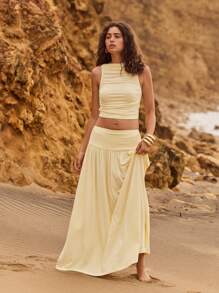 Aralina 外出夏季褶皱纯色休闲背心 - 黃色 - 查看 8