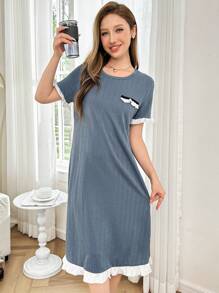 Contrast Color Ruffle Trim Casual Round Neck Textured Short Sleeve T-Shirt Nightgown - Dusty Blue - View 4