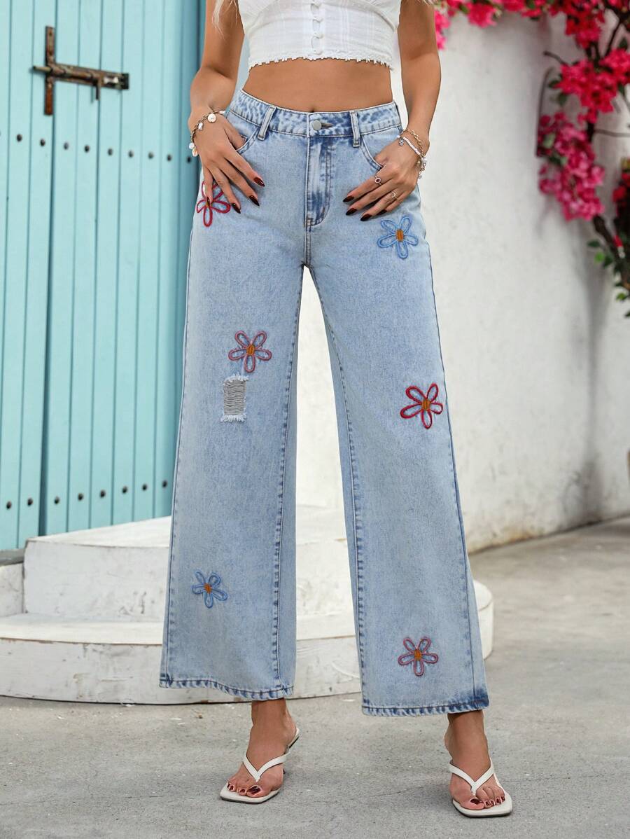 Breezaya Women Floral Embroidered Pocket Ripped Wide Leg Casual Jeans - Blue - View 1