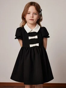 PrepCrw Young Girls' College Style Color-Blocking White Collar Bowknot Chiffon Dress, Spring/Summer - Black and White - View 6