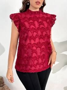 SHEIN Privé Blusa roja elegante y romántica con mangas de volantes transparentes, bajo con volantes, textura calada para mujer de talla grande, para primavera/verano - Rojo - Ver 7