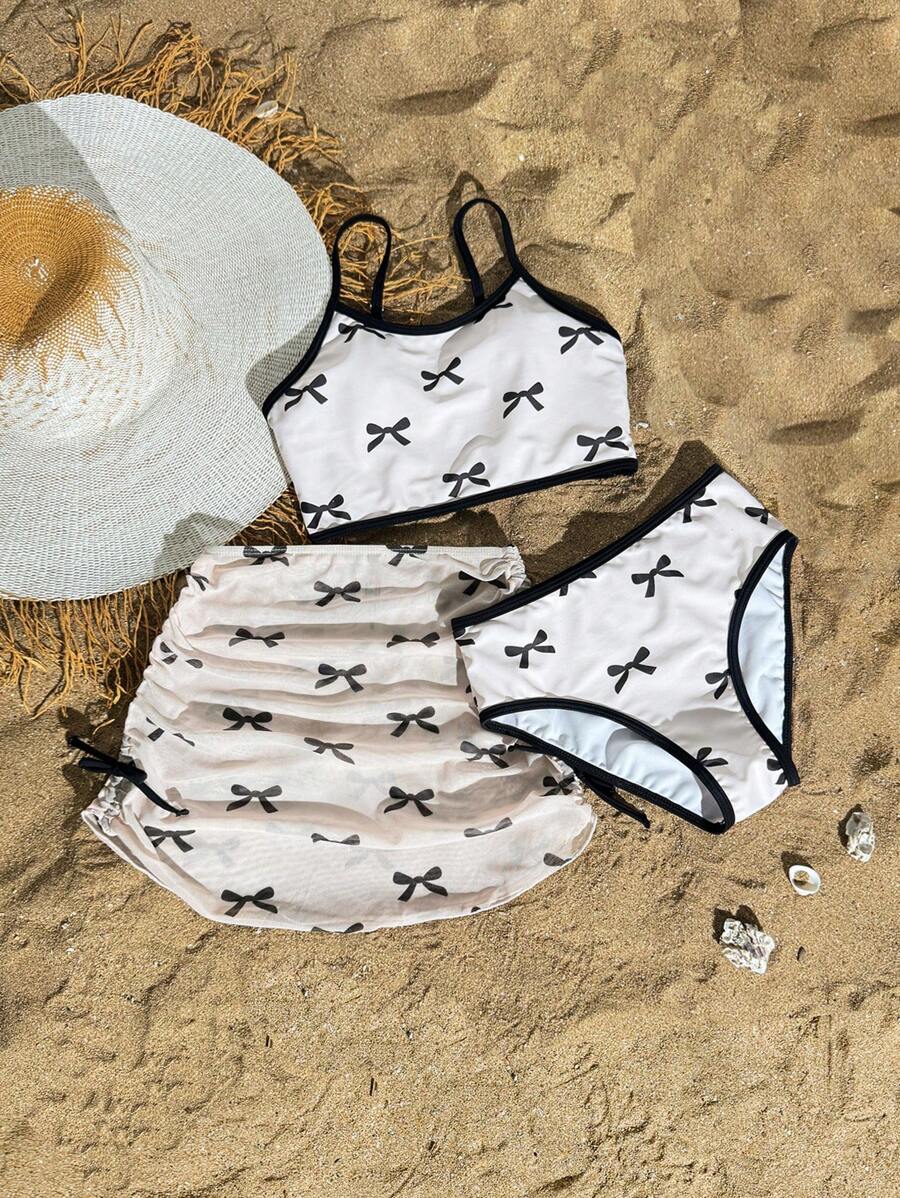 SHEIN Tween Girl 3pcs/Set Adorable Bow Print Swimwear Set, Adjustable Strap Bikini Top & Bottom With Skirt, Beach Outfit - Multicolor - View 1