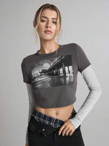 Easelle 女士灰色条纹拼布短款 T 恤，休闲