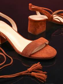 SHUZIA Giày mùa xuân đế thấp đế thô thời trang mới màu lạc đà giả da lộn thanh lịch quấn quanh mắt cá chân tua rua - Lạc đà - Xem 5