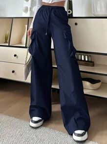 SHEIN EZwear 女士休闲纯色高腰阔腿裤宽松工装裤女士降落伞裤女士宽松裤女士海军蓝裤女士工装裤女士超大号裤子降落伞裤女士工装裤女士宽松海军蓝裤女士工装裤女士工作裤女士超大号裤子女士阔腿裤女士高腰女士工装裤 - 藏蓝色 - 查看 5