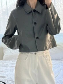 DAZY 春季新款休闲短款女式皮夹克 - 橄欖綠 - 查看 6