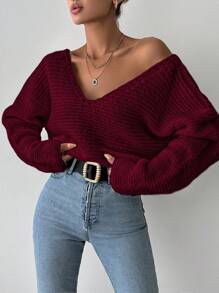 EURMUSE Women's Solid Color V-Neck Long Sleeve Casual Sweater, Autumn/Winter - Burgundy - View 3