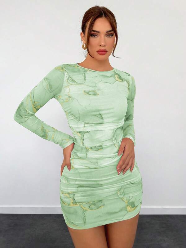 Aloruh Women's Autumn/Winter New Romantic Date Tie Dye Print Sheer Mesh Bodycon Long Sleeve Mini Dress,Sage Green Dress