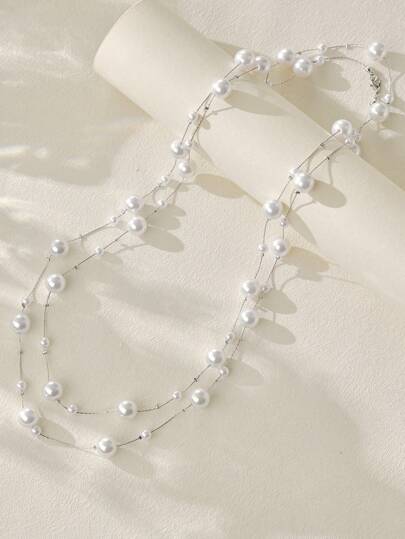 Clariva 1pc Handmade Beaded Long Necklace For Women, Layered Faux Pearl Sweater Chain, Fashion Elegant Party Dress Accessory Winter Gifts