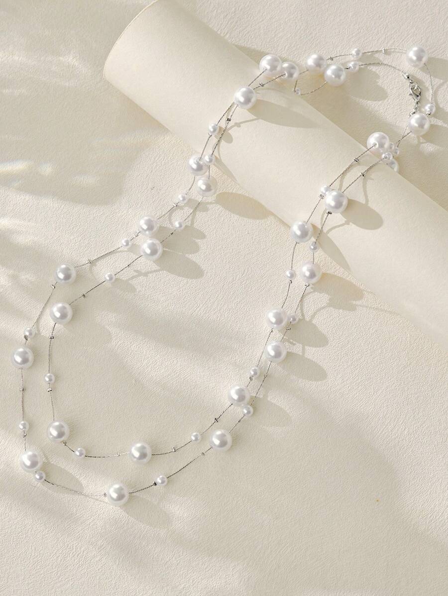 Clariva 1pc Handmade Beaded Long Necklace For Women, Layered Faux Pearl Sweater Chain, Fashion Elegant Party Dress Accessory Winter Gifts