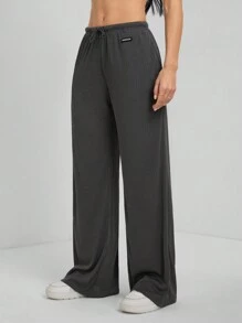 SHEIN Tall Quần ống rộng dệt kim họa tiết thêu chữ cho nữ - Xám - Xem 4