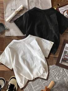 SHEIN EZwear 2pcs/Set Casual Retro Car & Star Graphic Crew Neck Short Sleeve Fitted Cropped Women T-Shirt, Summer