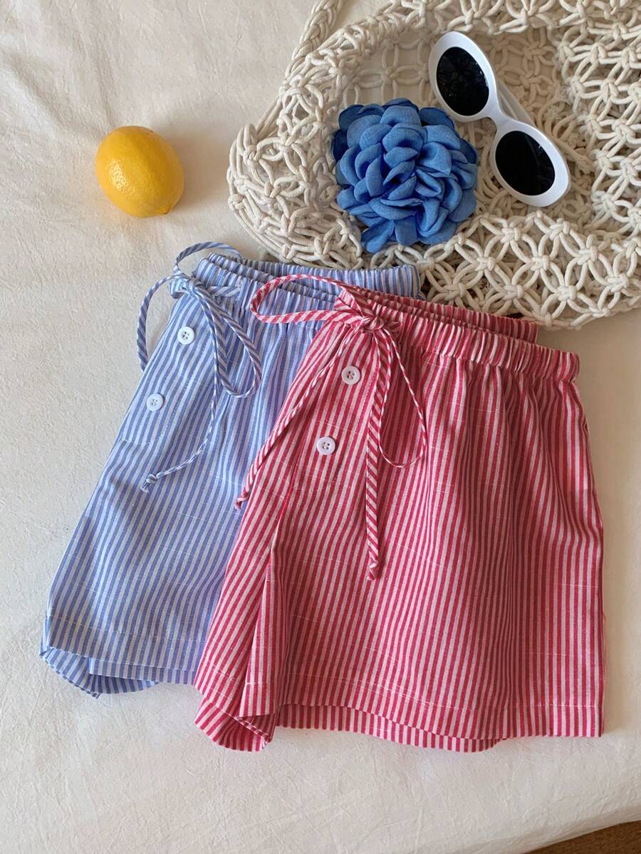 SHEIN Comfortcana Shorts casuales de mujer de lino a rayas con cordón en la cintura, empaquetados - Rojo - Ver 1