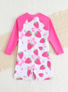 SHEIN Baby/Baby Girl Summer/Holiday Cute Strawberry Printed Long Sleeve Zipper One-Piece Rash Guard Swimsuits