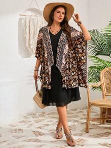 Rusticease 大码女式乡村度假印花拼接简约海滩和服夹克和黑色连衣裙两件套