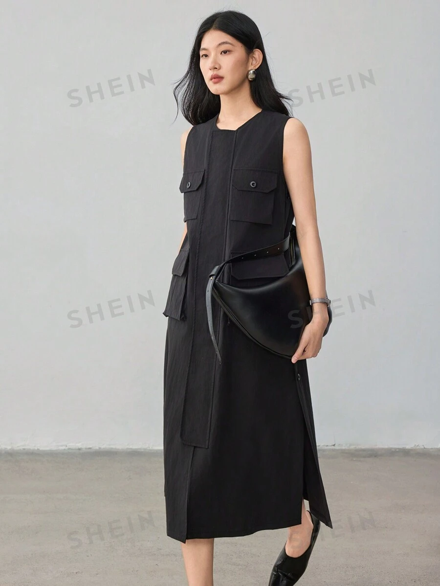 Dazy-Less Vestido camisero holgado de un solo color con bolsillo de carga y abertura, estilo casual de negocios para mujer, vestido de verano