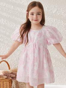 Blossori Abito elegante con maniche a palloncino, scollo tondo, vita segnata e gonna a-line per ragazze, in stile francese rosa intrecciato, adatto per primavera/estate - Rosa - Visualizzare 3