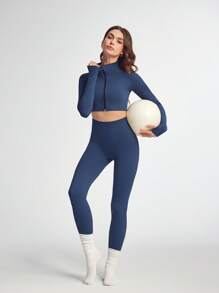 SHEIN Sports 女士纯色长袖上衣和紧身裤运动套装女士健身套装 - 霧霾藍 - 查看 7