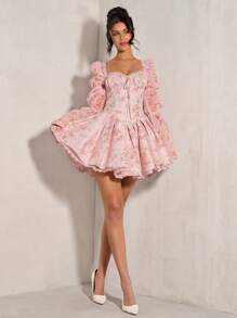 SHEIN BAE Váy công chúa bồng bềnh cổ vuông họa tiết hoa nhỏ xinh xắn dành cho nữ, thích hợp cho những buổi hẹn hò lãng mạn, đi chơi buổi tối, tiệc tùng, sinh nhật - Hồng - Xem 5