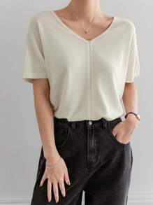 Dazy-Less Business Casual V-Neck Patchwork Design Loose Women Sweater - White - View 1