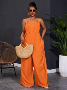 Slaydiva Summer&Beach Plus Size Women Casual & Holiday & Cute Solid Orange Sleeveless Loose Bowknot Wide Leg Pants Plus Size Jumpsuit Women Plus Size Women Clothes Women Clothing Jumpsuit Casual Jumpsuit Plus Size Women Clothes - Orange - View 8