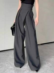 Siren Gaze 深灰色设计阔腿裤女士修身套装宽松高腰垂裆长裤，办公室穿着女士裤子 - 深灰色 - 查看 1