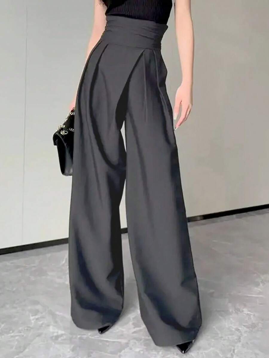 Siren Gaze 深灰色设计阔腿裤女士修身套装宽松高腰垂裆长裤，办公室穿着女士裤子 - 深灰色 - 查看 1
