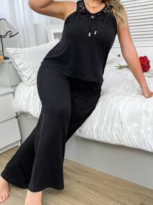 Plus Size Lace Trim Camisole & Lounge Pants Pajama Set - Black - View 7