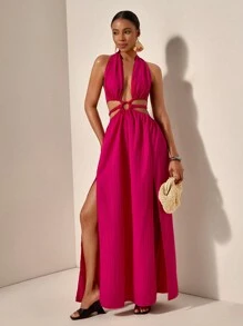 Zivah 新款春夏休闲度假挂脖露肩露背腰环装饰腰部辫子装饰两侧高开衩至大腿玫红色条纹纹理梭织面料女式长裙-B