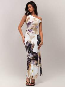 Forever 21 Spring Vacation Beach Big Floral Print Asymmetric Neck Elegant Dress For Women