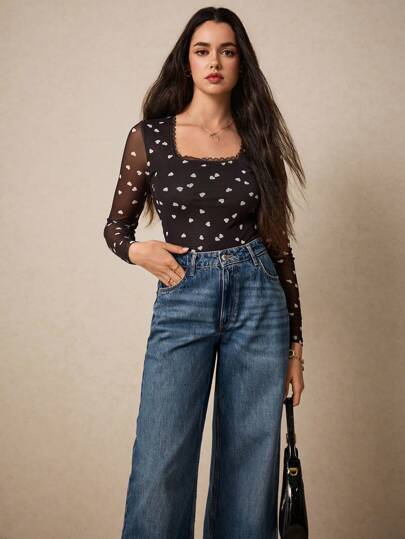 Poéselle Mono de escote cuadrado con parches de encaje y estampado de corazón para el Día de San Valentín, ropa de verano para vacaciones