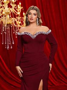 Glamrae Váy Maxi Tay Dài Sang Trọng Thanh Lịch Co Giãn Trễ Vai Đính Ngọc Trai Giả, Đầm Dự Tiệc Cưới, Thích Hợp Cho Đám Cưới, Tiệc Tùng, Ngày Lễ Và Những Dịp Trang Trọng, Đầm Dự Tiệc, Đầm Dạ Hội, Váy - Màu Đỏ Sâu - Xem 2