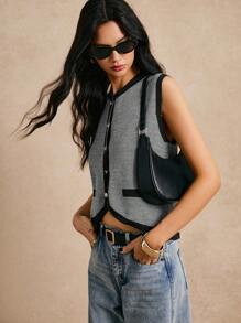 Poéselle 新款撞色条纹针织背心，秋冬时尚女士针织马甲 - 黑色 - 查看 3