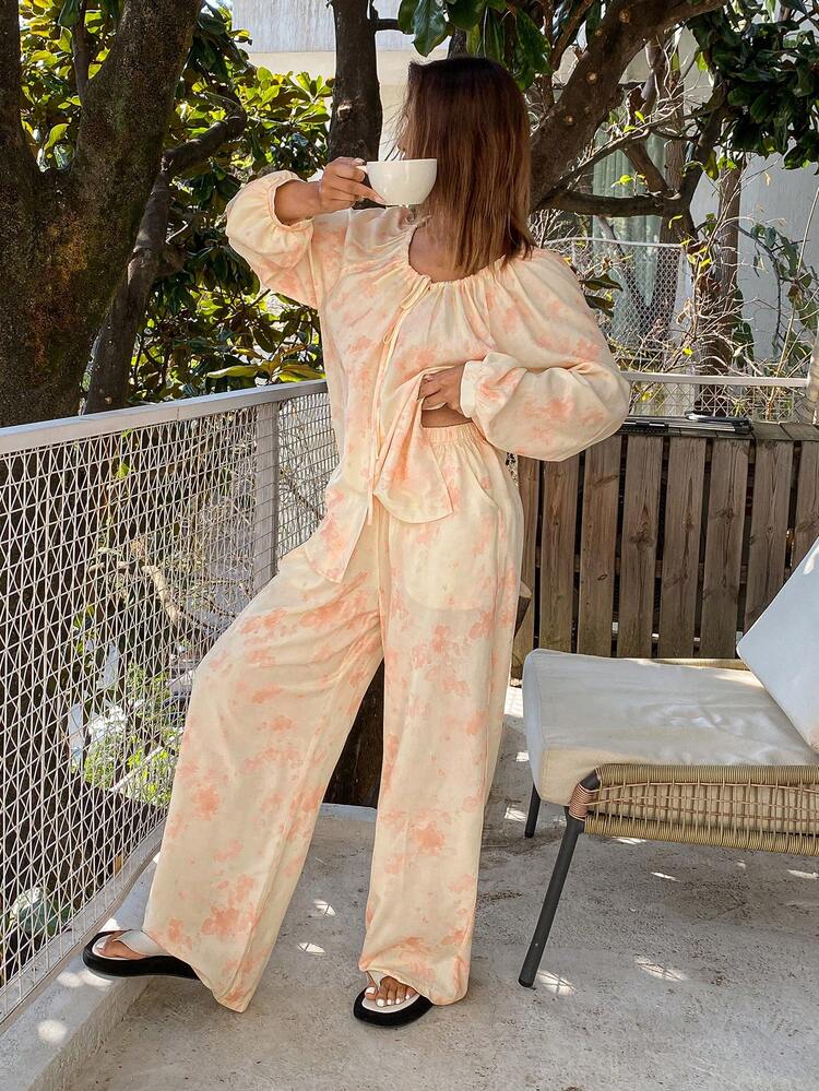 Floral Print Ruched Loose Lantern Sleeve Women Pajama Set, Cozy Sleepwear