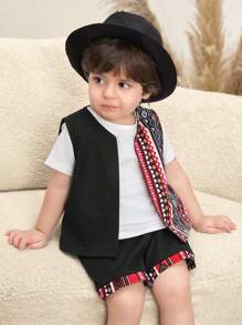 SHEIN 2pcs Baby Boy Retro Print Cardigan Vest And Shorts Set, Casual Daily Outfit, Suitable For Spring And Summer - Black - View 3