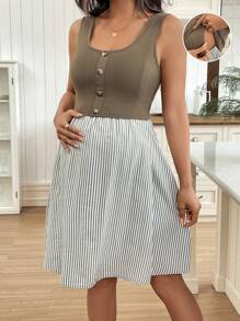 SHEIN Maternity Nursing Dress, Striped 2 In 1, Suitable For Summer - Green - View 1
