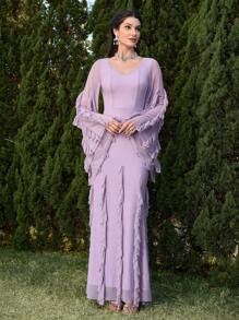 Modelyn Women's Elegant Solid Color Ruffle Flare Sleeve Dress - Dusty Purple - View 4