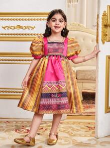 SHEIN Young Girl Woven Ditsy Floral Square Neck Puff Sleeve Fitted Dress - Hot Pink - View 5