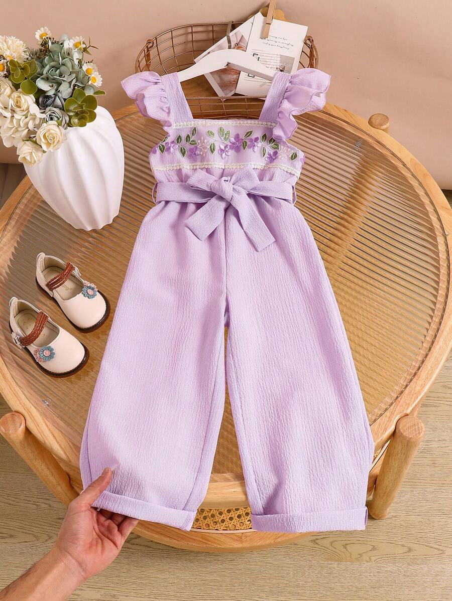 SHEIN Young Girl Floral Embroidery Patchwork Ruffle Hem Wide Leg Jumpsuit Young Girls Jumpsuit - Multicolor - View 1