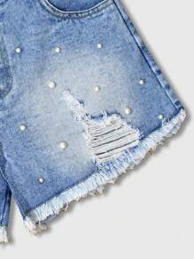 Girls Ripped Pearl Detail Denim Shorts, Fashionable Casual Lightweight Loose Washed Denim Shorts Suitable For Tween Girls, Spring/Summer 2025 New Collection, Suitable For Daily Wear - Light Wash - View 5