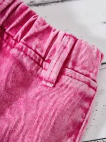 Baby Girl Hot Pink Summer Cute School Denim Skirt,Y2K Style Waist Elastic Ruffled Washed Mini Skirt,Elegant Casual Streetwear 2025 New Arrival Arrival - Pink - View 5