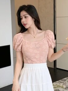 DAZY 纯色花卉纹理泡泡袖修身方领女式衬衫夏季薄纱露脐上衣女式可爱上衣 - 粉色 - 查看 5