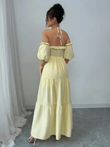 Rafferiza Vestido largo con abertura alta, cintura ceñida, mangas abullonadas, volantes en el bajo, de tela con textura arrugada y parches, versátil y de moda para vacaciones, sin tirantes y con nudo - Amarillo - Ver 4